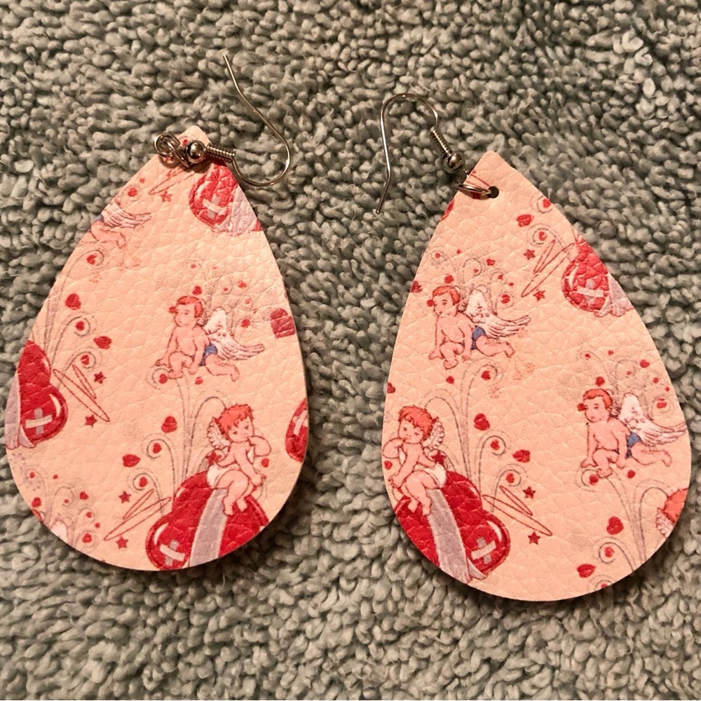 Pink Cupid Heart Design Teardrop Stainless Steel Earrings for any occasion